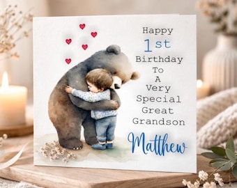 Age 1, Great Grandson, Age One, 1st birthday, First Birthday. Boy and Bear Big Hugs. Personalised with name Cute Bear, Teddy, Boy For Him.