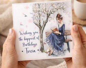 Girls Happy Birthday Card For Woman/Girl/Lady Reading, Vintage Birthday card for Her, Personalised with name. Garden Scene