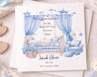 Baby boy card - Son - Congratulations Personalised Baby Newborn card. Name, Weight and Date can be added.