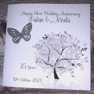 Stunning Silver wedding anniversary handmade card. 25th anniversary personalised card, Name or Names can be added.