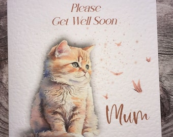 Get Well Soon Cat/Kitten card, Personalised with name if required For Him Or Her,  Male Female, Man, Lady,Woman
