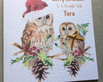 Merry Christmas Owls card for grandpa, grandma, nanny, mum, dad, sister, brother, friend ... handmade and personalised