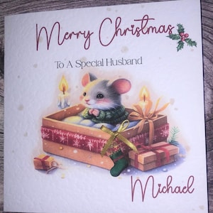 Merry Christmas Little Mouse handmade card: Personalised/ any relation/Name can be added.