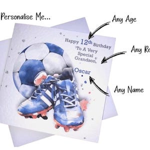 Happy Birthday Football Card, For Him/Her Personalised Age,Name,Relation Son,Grandson, Niece,Nephew,Grandad,Daughter,Granddaughter etc image 2