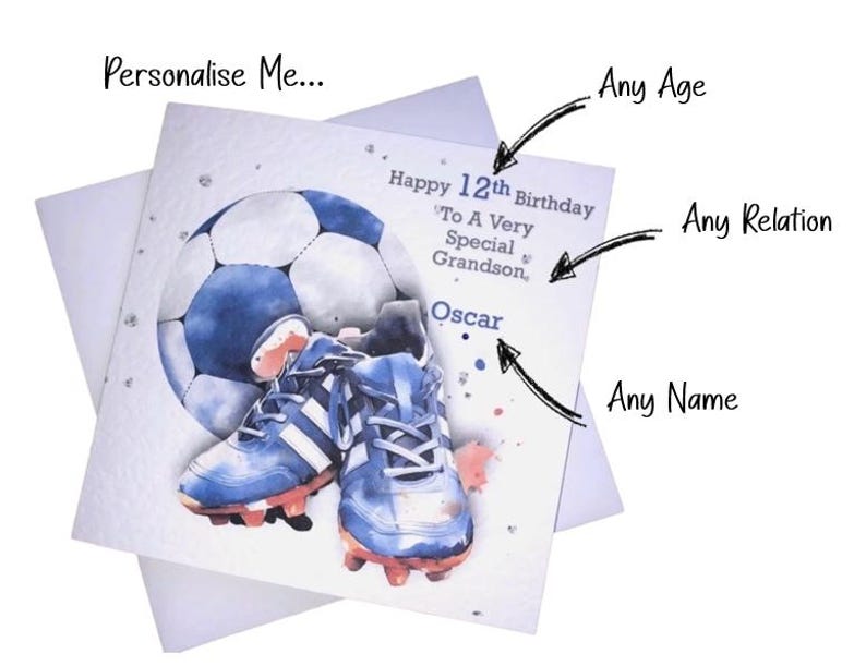 Happy Birthday Football Card, For Him/Her Personalised Age,Name,Relation Son,Grandson, Niece,Nephew,Grandad,Daughter,Granddaughter etc image 2