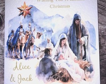 Snowy Nativity Christmas Scene, handmade Christmas card, any name/names can be added.