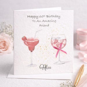 Girls Happy Birthday Cocktail card/Female /Glass / Friend/ Mum/ Daughter/ Sister/ Niece/ Cousin, Any Age, Personalised with Name for her image 1
