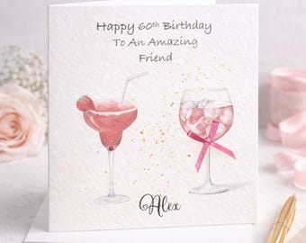 Girls Happy Birthday Cocktail card/Female /Glass / Friend/ Mum/ Daughter/ Sister/ Niece/ Cousin, Any Age, Personalised with Name for her