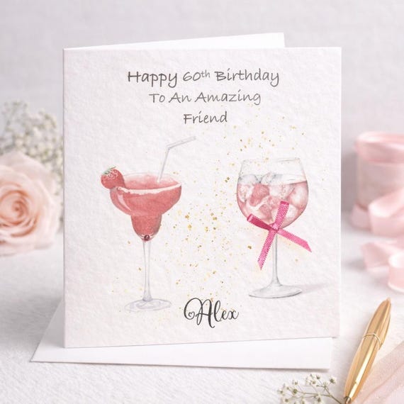 Girls Happy Birthday Cocktail card/Female /Glass / Friend/ Mum/ Daughter/ Sister/ Niece/ Cousin, Any Age, Personalised with Name for her