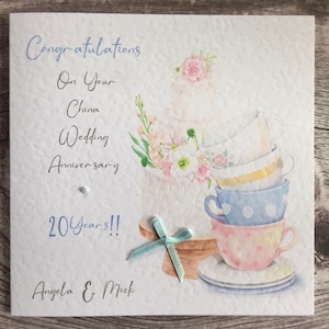 Stunning China wedding anniversary handmade card. 20th anniversary personalised, Name or Names can be added.