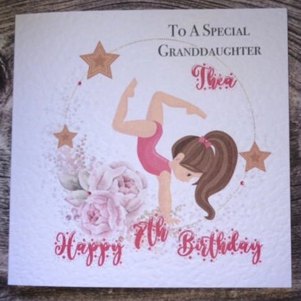 Girls Happy Birthday Gymnast card Handmade and personalised, any age and relation can be added.