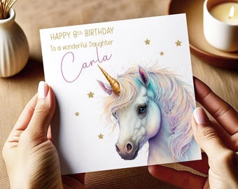 Personalised Girls Birthday Card, Daughter, Unicorn Birthday Card Girl, Custom Name Kids Birthday Card, Niece, Magical Unicorn Card, 03