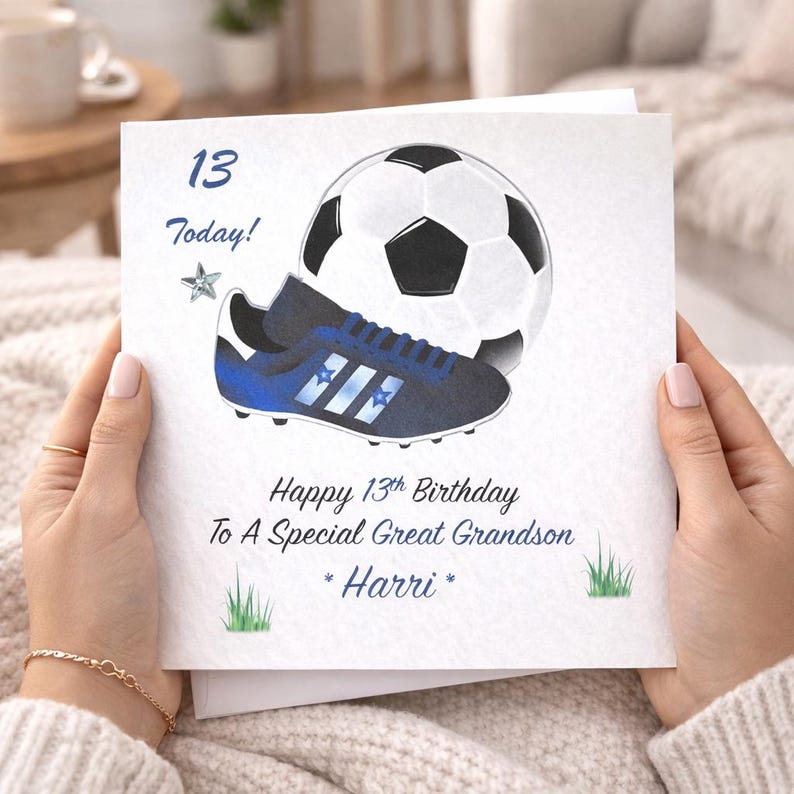 Happy Birthday Football card for Him or Her, Personalised with Name ,Age And Relation Son/Daughter/Grandson/Granddaughter/Brother/Sister etc BLUE