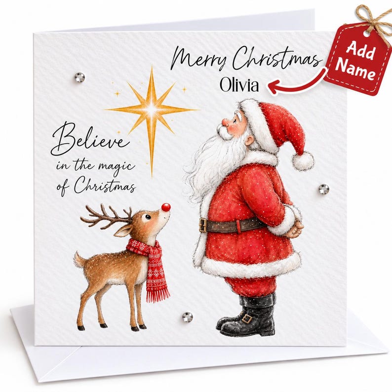 Personalised Christmas Card, Father Christmas & Rudolph Card, Believe ...