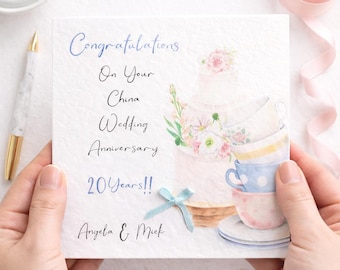 China wedding anniversary card. 20th anniversary personalised With Names,20 Years,Twenty Years,Twentieth Anniversary, China Cups,