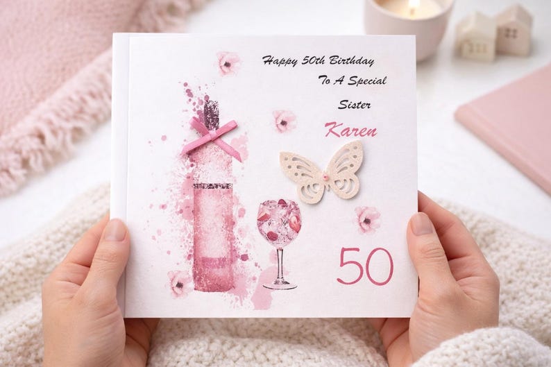 Happy Birthday Gin Card/ personalised with Name/ Card for her/ Mum/ Daughter/ Sister/ Friend/ Cousin/Female, 21, 30,40,50,60,70 etc any Age. image 1