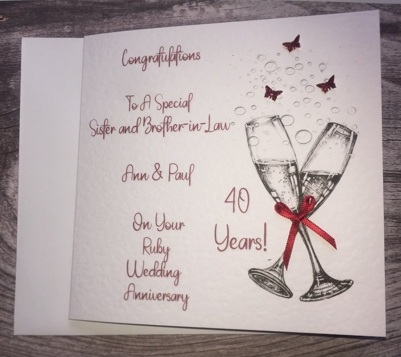 Ruby Happy Wedding Anniversary handmade and personalised card. 40th anniversary, made for any Relation, Friends, couple. image 2