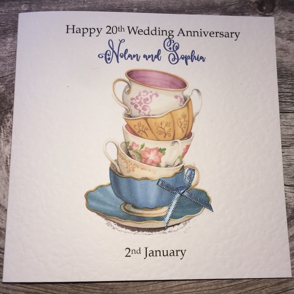 Stunning China wedding anniversary handmade card. 20th anniversary personalised card, name or names can be added.