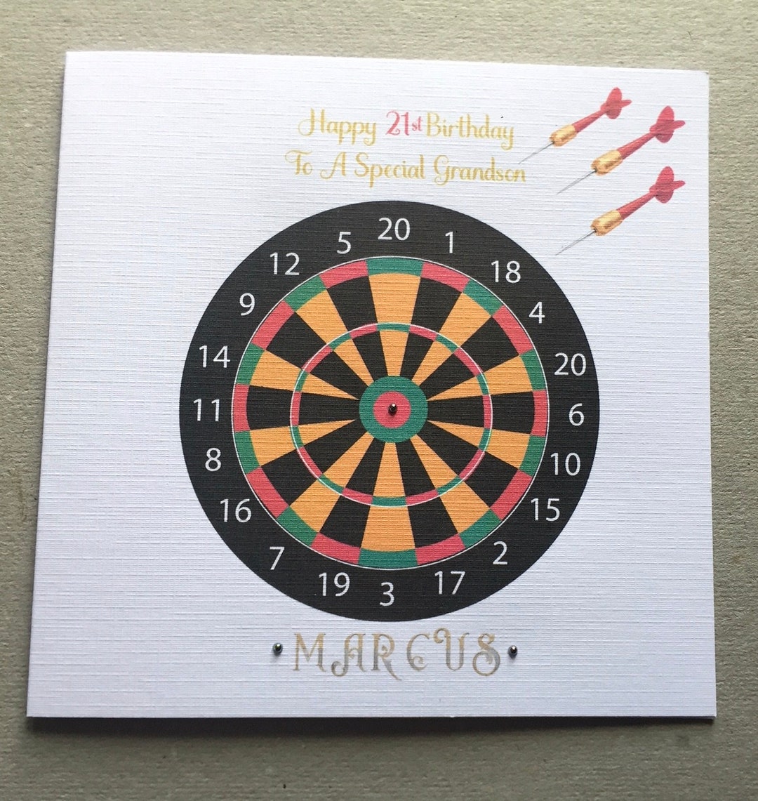 Darts Happy Birthday Card, Handmade and Personalised With Name, Age