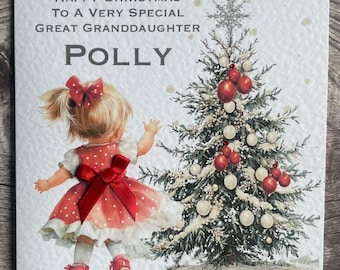 Little Girls Happy Christmas handmade card: Personalised with any relation, Granddaughter, Daughter, Niece and Name.