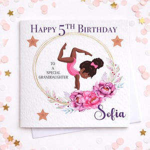 DARK SKIN TONE Girls Happy Birthday Gymnast card Handmade and personalised/ daughter/ goddaughter/ Granddaughter/niece/sister/cousin/friend.