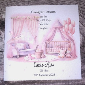 Baby Girl Congratulations Card - beautiful Pink Nursery scene, Handmade and Personalised with Name/ Weight/ Date, Unique Newborn Gift
