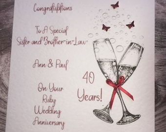 Ruby Happy Wedding Anniversary handmade and personalised card. 40th anniversary, made for any Relation, Friends, couple.