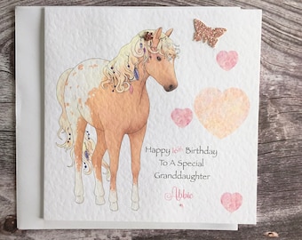 Girls Birthday Horse card / Daughter/Goddaughter/Granddaughter/ Niece/ Sister/ Cousin/ Friend. Equine card. Personalised with name, any age.