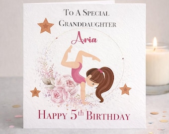 Tarjeta de cumpleaños de gimnasta niña para ella. Personalizada con nombre. Gimnasia rosa para hija, nieta, sobrina, hermana, mejor amiga, bisnieta.