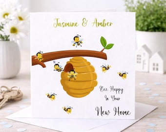 New Home Card: Personalised with Names. Bee Congratulations, Be Happy, Bee Happy, Bee Hive, Family, Couple, Good Luck New Home.