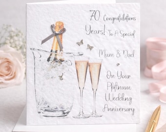 Personalised Platinum 70th Anniversary Card,70,Seventy, with Gems, Glasses/Flutes. Couple, Friends, Sister, Brother, In-Laws, Names only.