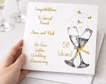 Golden wedding anniversary. 50th Personalised card. Couple,Sister, Brother, Mum, Dad, In-Laws,Friends,etc. Fiftieth, No Relation/Names only.