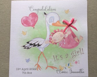 Baby Girl Congratulations Card, Handmade and Personalised with Name/ Weight/ Date, Unique Newborn Gift