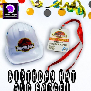 Personalized Jurassic Dinosaur Red Birthday Hat and Badge  | Dinosaur Birthday | Jurassic Dress Up Halloween Costume | Party Favors