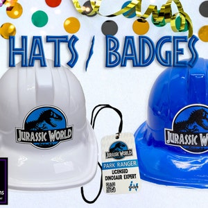 May include: White and blue plastic construction hats with a Jurassic World logo and a blue lanyard with a Jurassic World park ranger badge. The badge says "Park Ranger Licensed Dinosaur Expert".