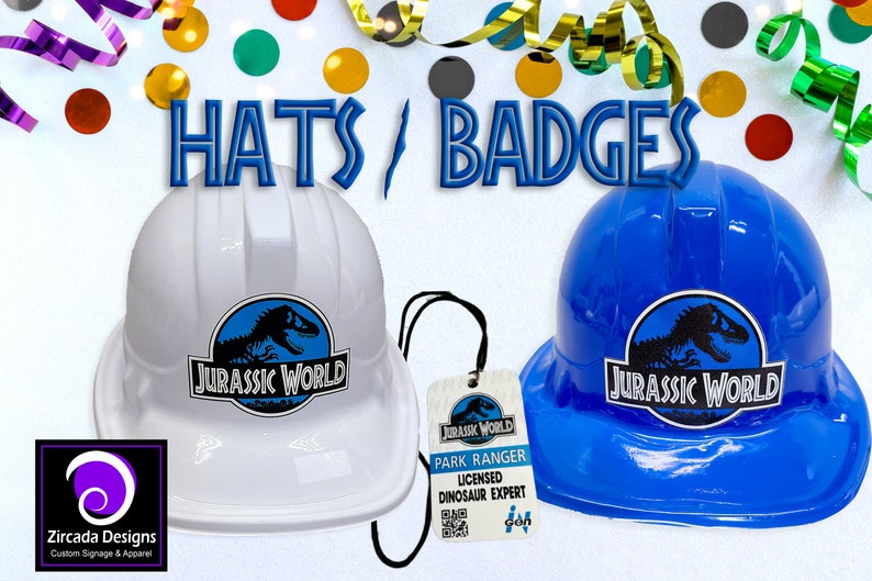 May include: White and blue plastic construction hats with a Jurassic World logo and a blue lanyard with a Jurassic World park ranger badge. The badge says "Park Ranger Licensed Dinosaur Expert".