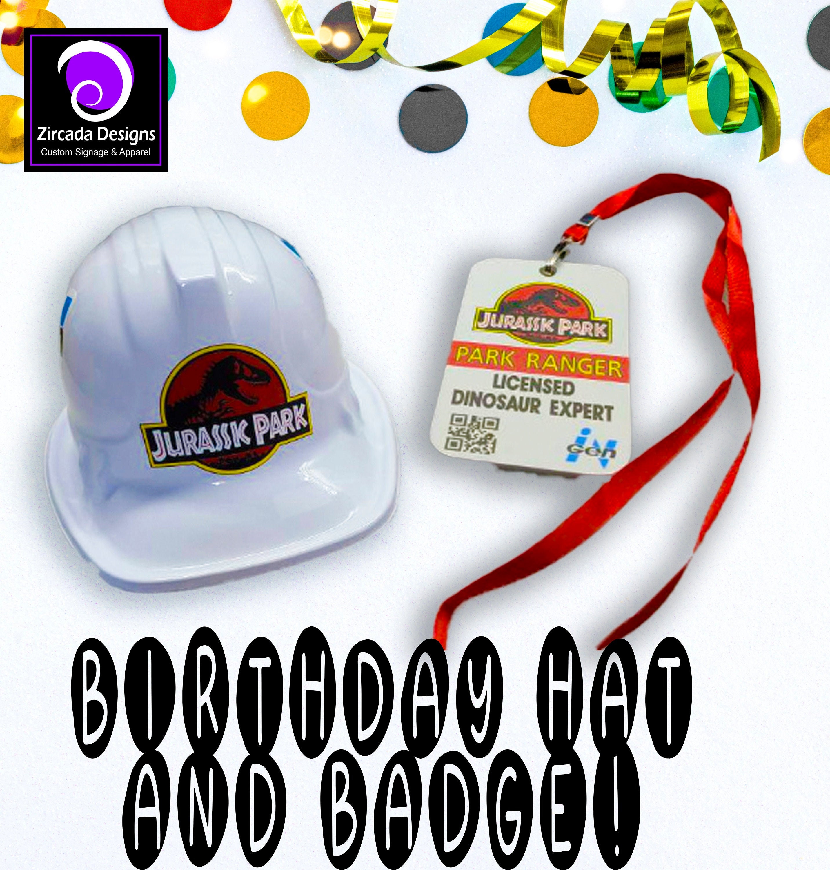 Personalized Jurassic Dinosaur Red Birthday Hat and Badge  | Dinosaur Birthday | Jurassic Dress Up Halloween Costume | Party Favors