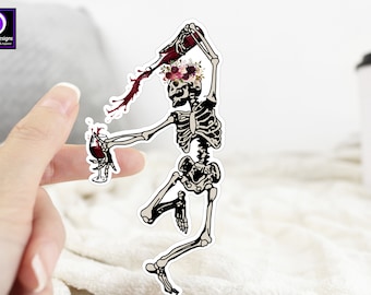 Dancing Skeleton Pouring Wine Sticker Funny Wine Label