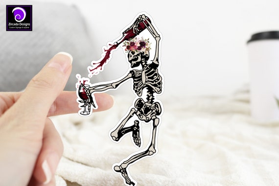 Dancing Skeleton Pouring Wine Sticker Funny Wine Label