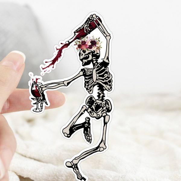 Dancing Skeleton Pouring Wine Sticker Funny Wine Label