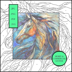 May include: A stained glass style image of a horse's head with a blue, yellow, and orange color scheme. The image is outlined in black and numbered for a paint-by-number project.
