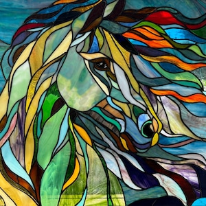 May include: A stained glass artwork depicting a horse's head with flowing mane and a blue eye. The horse is rendered in shades of blue, green, yellow, and orange.