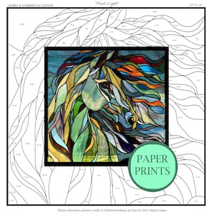 May include: A stained glass pattern of a horse's head with flowing mane, in shades of blue, green, yellow, and red. The pattern is outlined in black and labeled with numbers. The title "First Light" is at the top of the pattern. The text "PAPER PRINTS" is in a green circle at the bottom of the pattern.