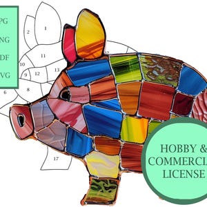 May include: A stained glass pig with a patchwork design in shades of blue, red, orange, and green. The image includes a green circle with the text "HOBBY & COMMERCIAL LICENSE" and a green rectangle with file type options: .JPG, .PNG, .PDF, and .SVG.