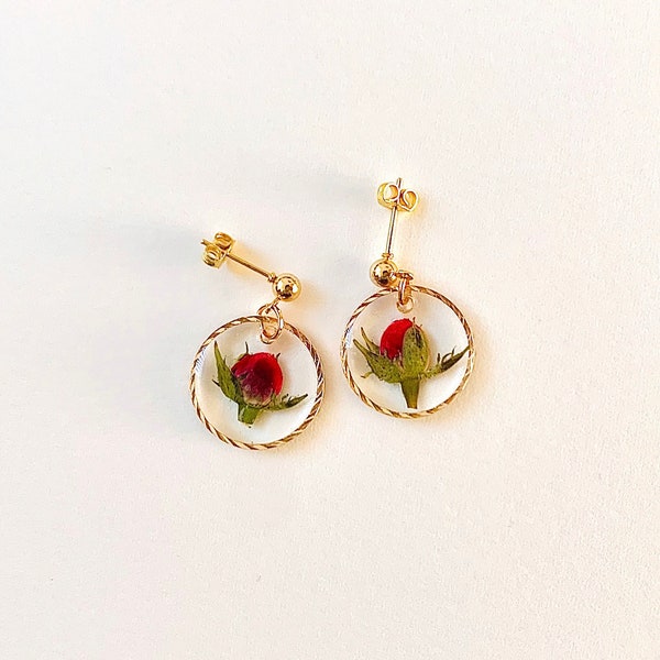 Real Red Rose Bud Petite Dainty Gold Earrings, Real Pressed Flowers, Handmade Boho Jewellery, Gifts for Her, Valentines Day