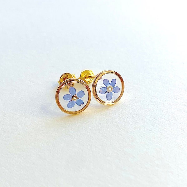 Forget Me Not Stud Gold Earrings, Real Pressed Flowers, Dainty Circle Studs, Gifts for Her, Mother's Day, Christmas Xmas Present, Elegant