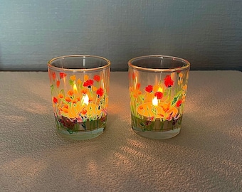 Hand painted glass tealight holders, wildflower meadow, cottage vibe, one pair, wedding gifts, home gifts, gifts for her