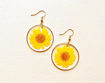 Large Yellow Daisy Dainty Dangling Earrings, Handmade, Real Pressed Flower Jewellery, Boho Jewellery