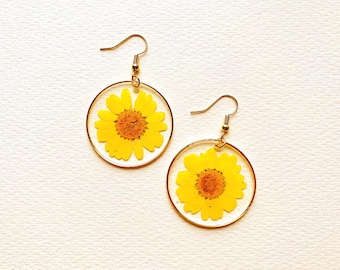 Large Yellow Daisy Dainty Dangling Earrings, Handmade, Real Pressed Flower Jewellery, Boho Jewellery