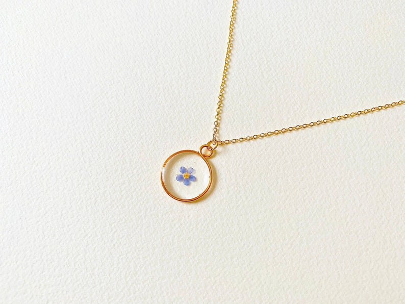 Forget Me Not Petite Dainty Gold Necklace, Real Pressed Flower, Handmade, Gifts for Her, Boho Jewellery, Christmas Xmas Present, Mothers Day image 1